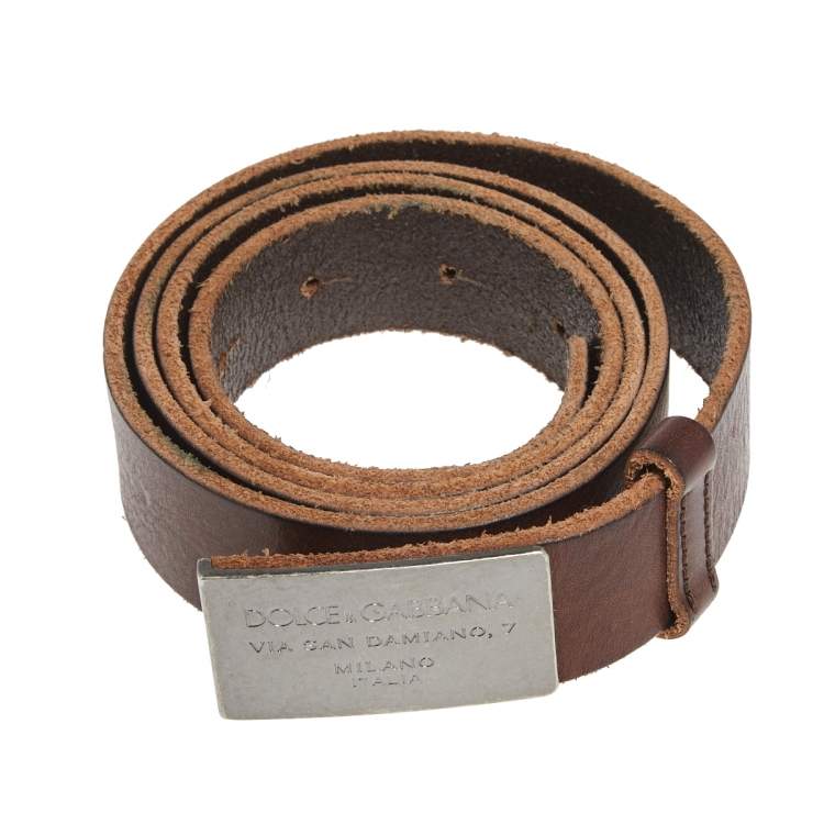 Pre Owned Dolce & Gabbana Brown Leather Metal Logo Plaque Belt 95CM