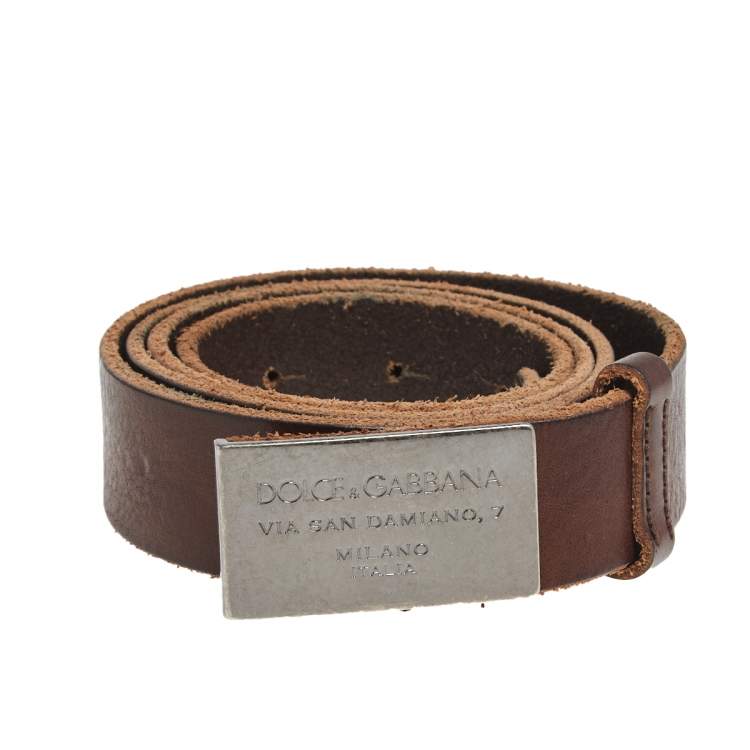 Pre Owned Dolce & Gabbana Brown Leather Metal Logo Plaque Belt 95CM