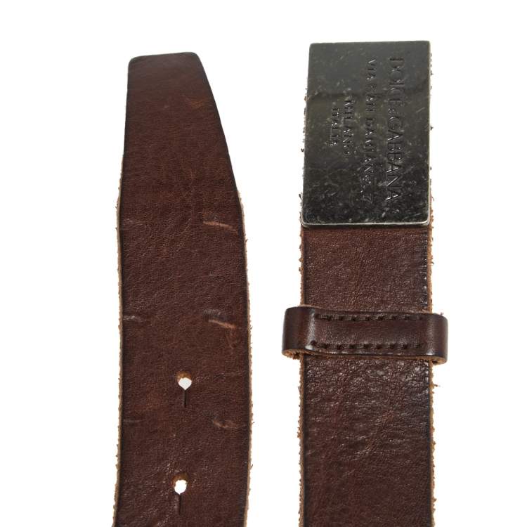 Pre Owned Dolce & Gabbana Brown Leather Metal Logo Plaque Belt 95CM