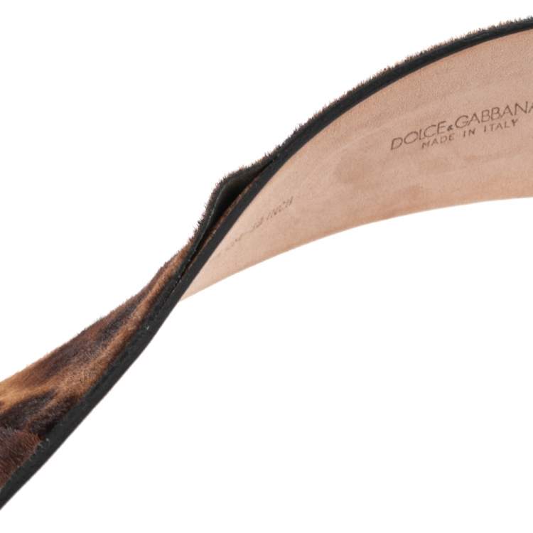 Pre Owned Dolce & Gabbana Brown Leopard Print Calf Hair Logo Plaque Belt 95CM