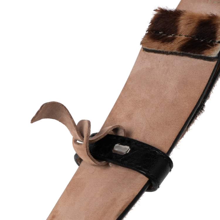 Pre Owned Dolce & Gabbana Brown Leopard Print Calf Hair Logo Plaque Belt 95CM