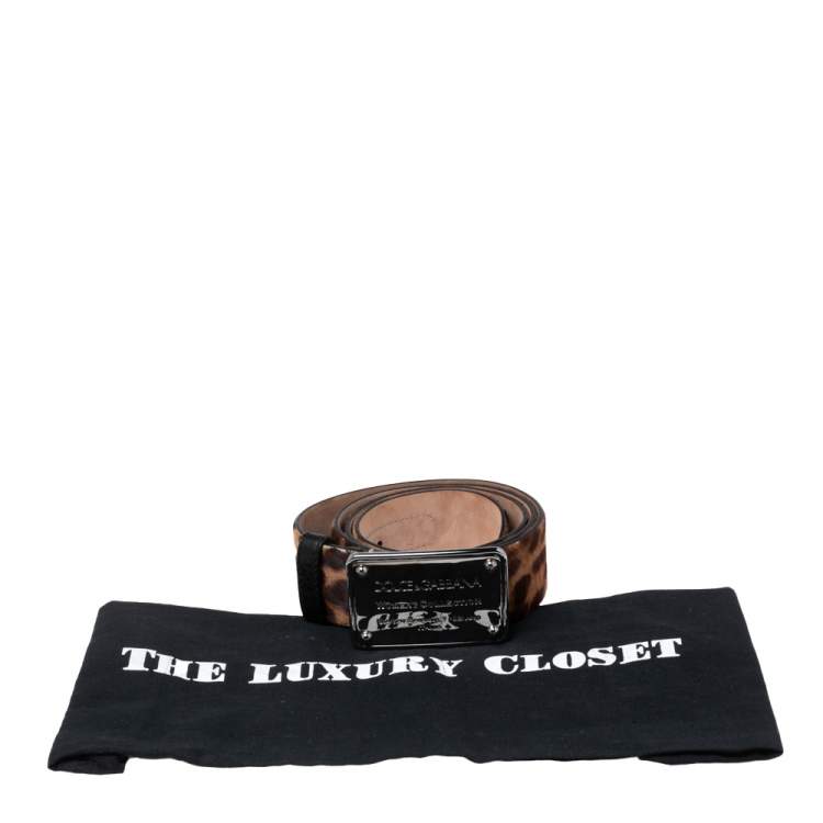 Pre Owned Dolce & Gabbana Brown Leopard Print Calf Hair Logo Plaque Belt 95CM