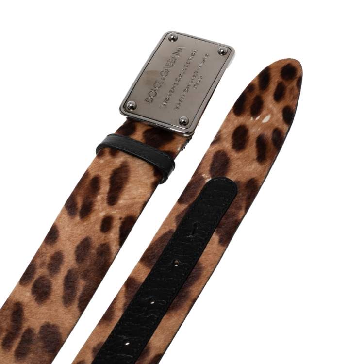 Pre Owned Dolce & Gabbana Brown Leopard Print Calf Hair Logo Plaque Belt 95CM