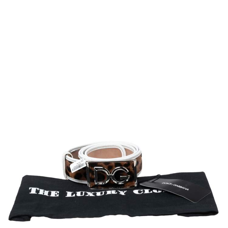 Pre Owned Dolce & Gabbana White/Brown Leopard Calf Hair and Leather Logo Plaque Belt 95CM