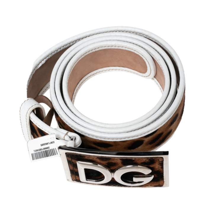 Pre Owned Dolce & Gabbana White/Brown Leopard Calf Hair and Leather Logo Plaque Belt 95CM