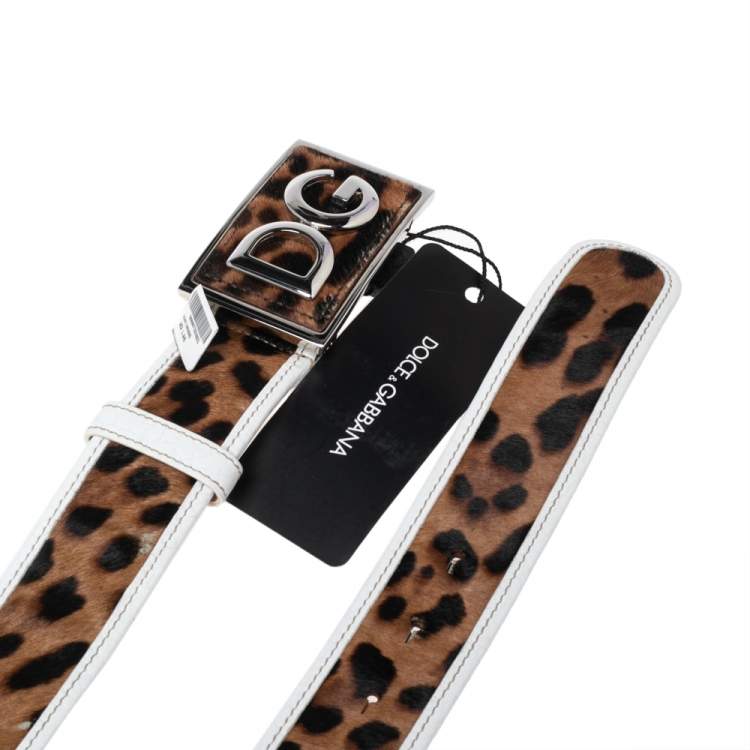 Pre Owned Dolce & Gabbana White/Brown Leopard Calf Hair and Leather Logo Plaque Belt 95CM
