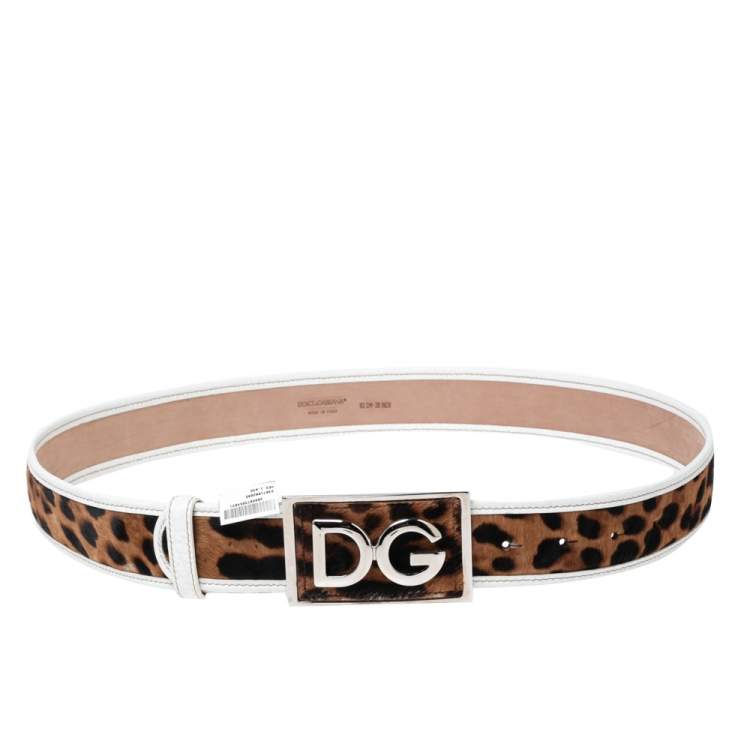Pre Owned Dolce & Gabbana White/Brown Leopard Calf Hair and Leather Logo Plaque Belt 95CM