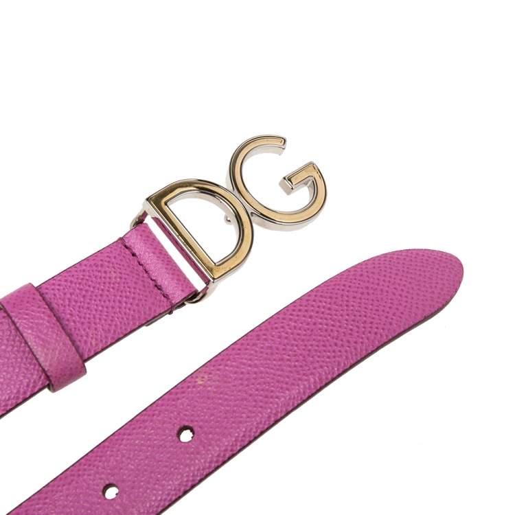 Pre Owned Dolce & Gabbana Pink Leather Slim DG Logo Belt 70CM