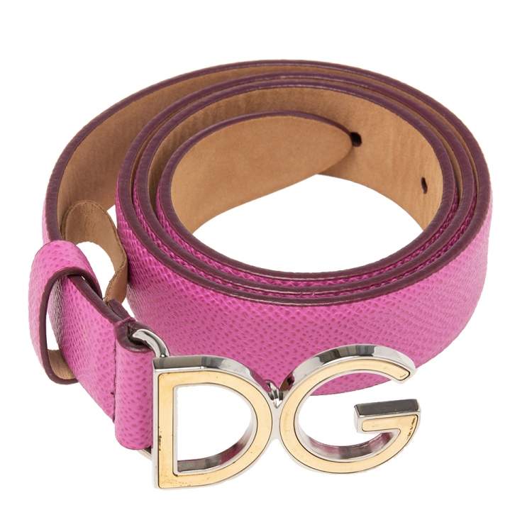 Pre Owned Dolce & Gabbana Pink Leather Slim DG Logo Belt 70CM