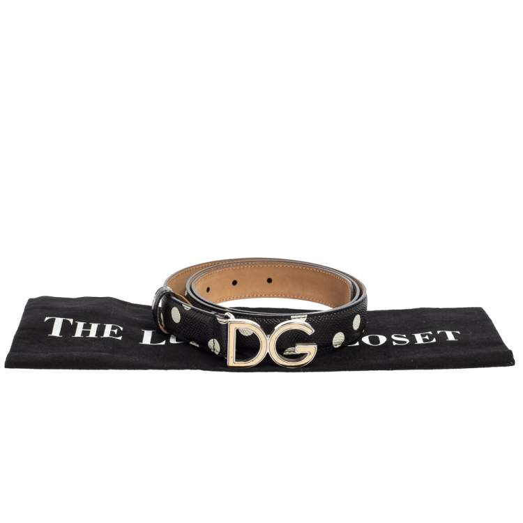 Pre Owned Dolce & Gabbana Black/White Polka Leather DG Logo Belt 85CM