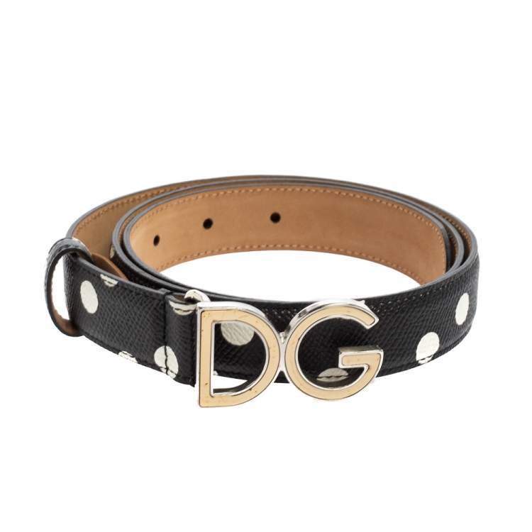 Pre Owned Dolce & Gabbana Black/White Polka Leather DG Logo Belt 85CM