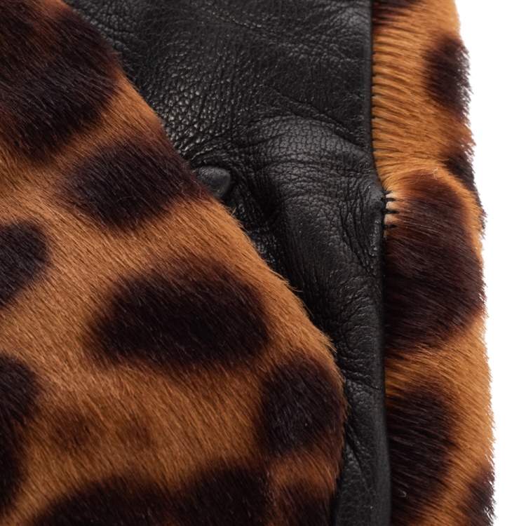 Pre Owned Dolce & Gabbana Black/Brown Leopard Print Calf Hair and Leather Long Gloves 