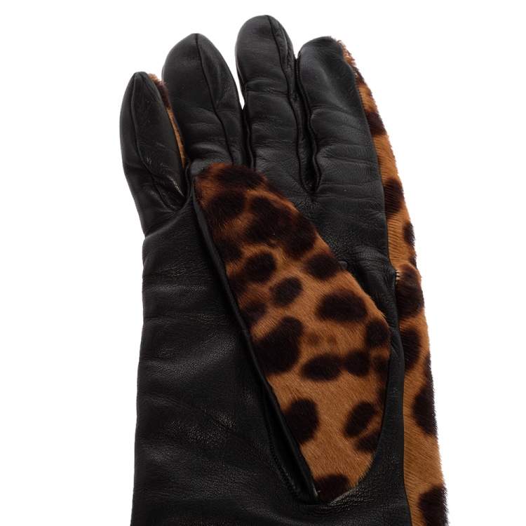 Pre Owned Dolce & Gabbana Black/Brown Leopard Print Calf Hair and Leather Long Gloves 