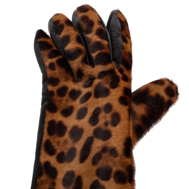 Pre Owned Dolce & Gabbana Black/Brown Leopard Print Calf Hair and Leather Long Gloves 