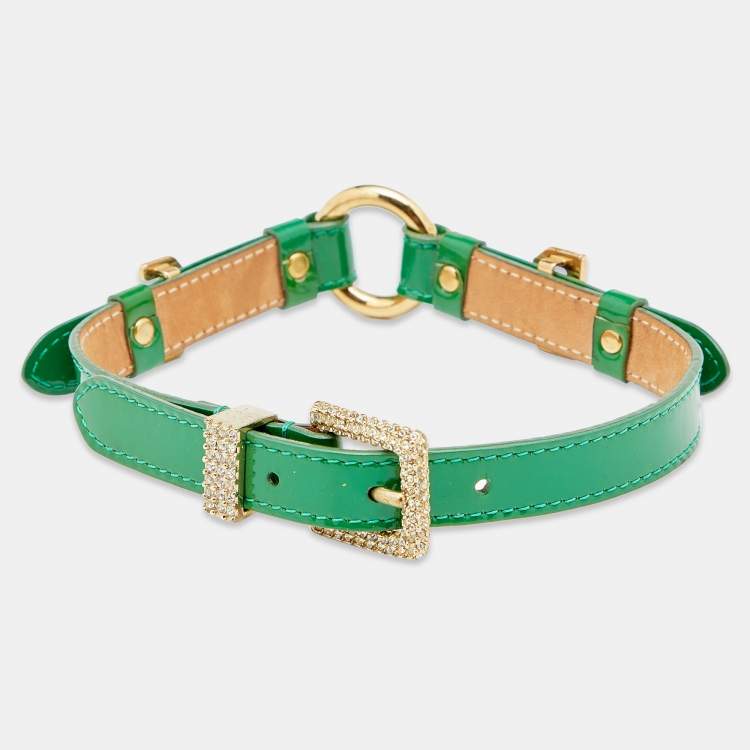 Pre Owned Dolce & Gabbana Leather Crystals Gold Tone Metal Collar Necklace