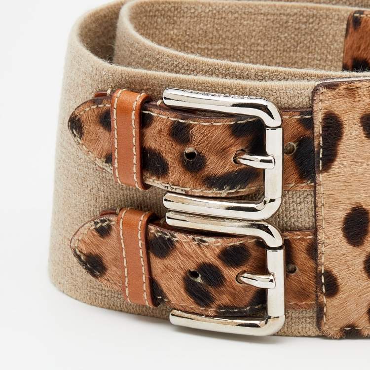 Pre Owned Dolce & Gabbana Beige/Brown Leopard Print Pony Hair And Elastic Waist Belt 75 CM