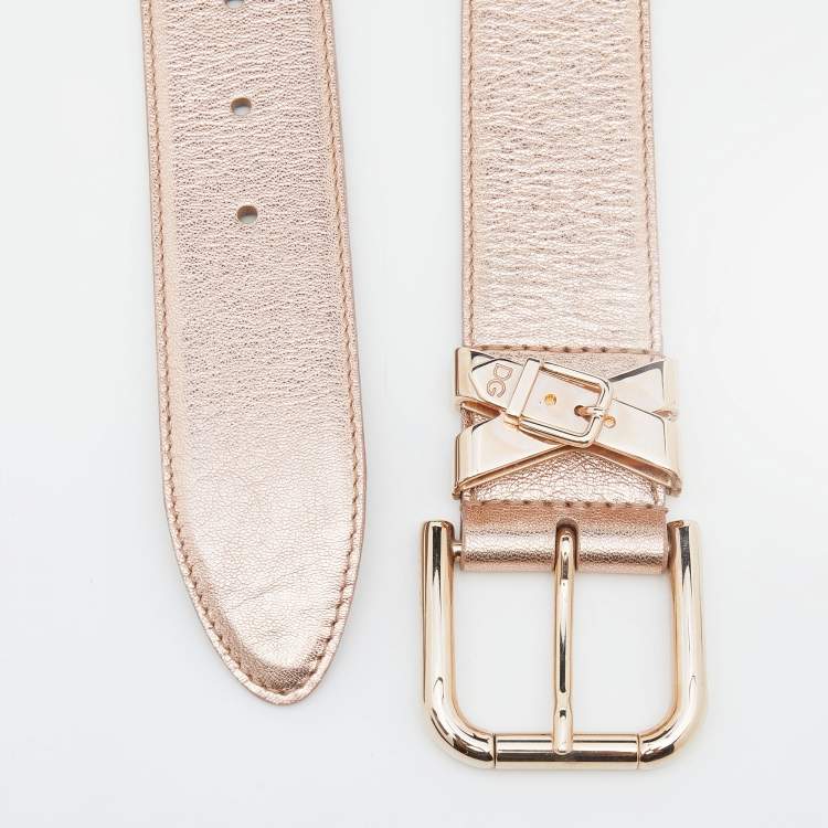 Pre Owned Dolce & Gabbana Metallic Rose Gold Leather Buckle Belt 90 CM