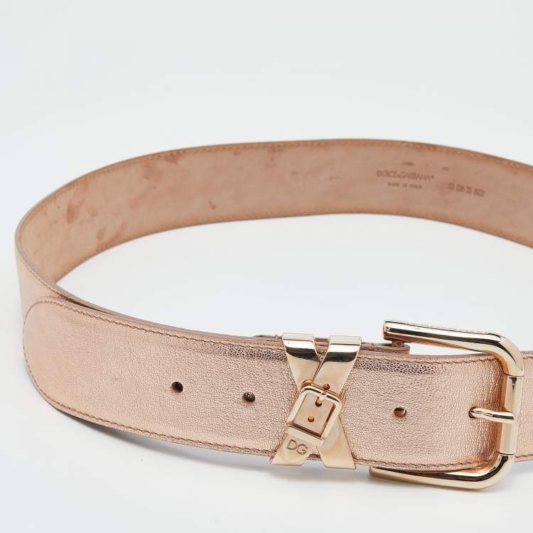 Pre Owned Dolce & Gabbana Metallic Rose Gold Leather Buckle Belt 90 CM