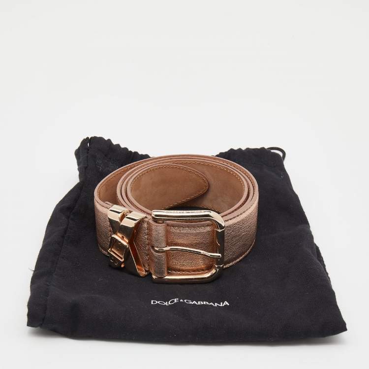 Pre Owned Dolce & Gabbana Metallic Rose Gold Leather Buckle Belt 90 CM