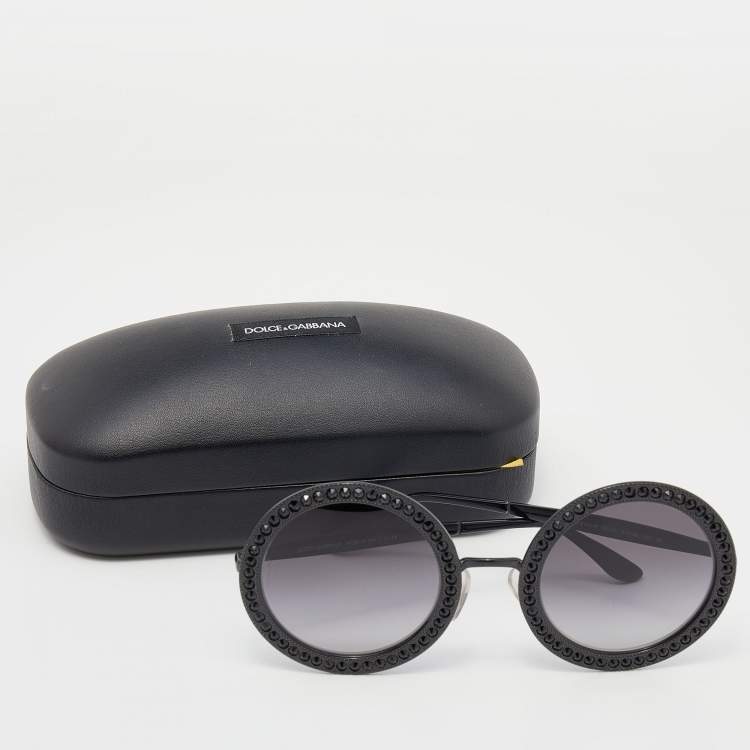 Pre Owned Dolce & Gabbana Black / Grey Gradient DG 2170-B Crystal Embellished Round Sunglasses