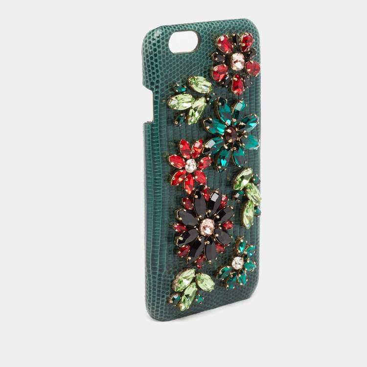 Pre Owned Dolce & Gabbana Green Lizard Embossed Leather Crystal Embellished  iPhone 6 Case