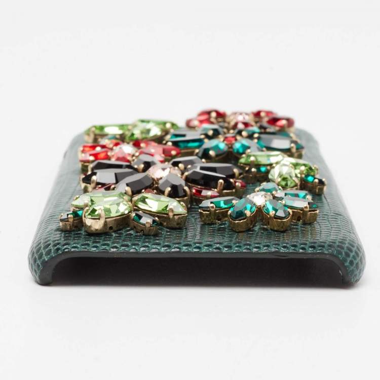 Pre Owned Dolce & Gabbana Green Lizard Embossed Leather Crystal Embellished  iPhone 6 Case