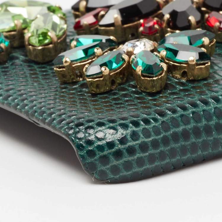 Pre Owned Dolce & Gabbana Green Lizard Embossed Leather Crystal Embellished  iPhone 6 Case