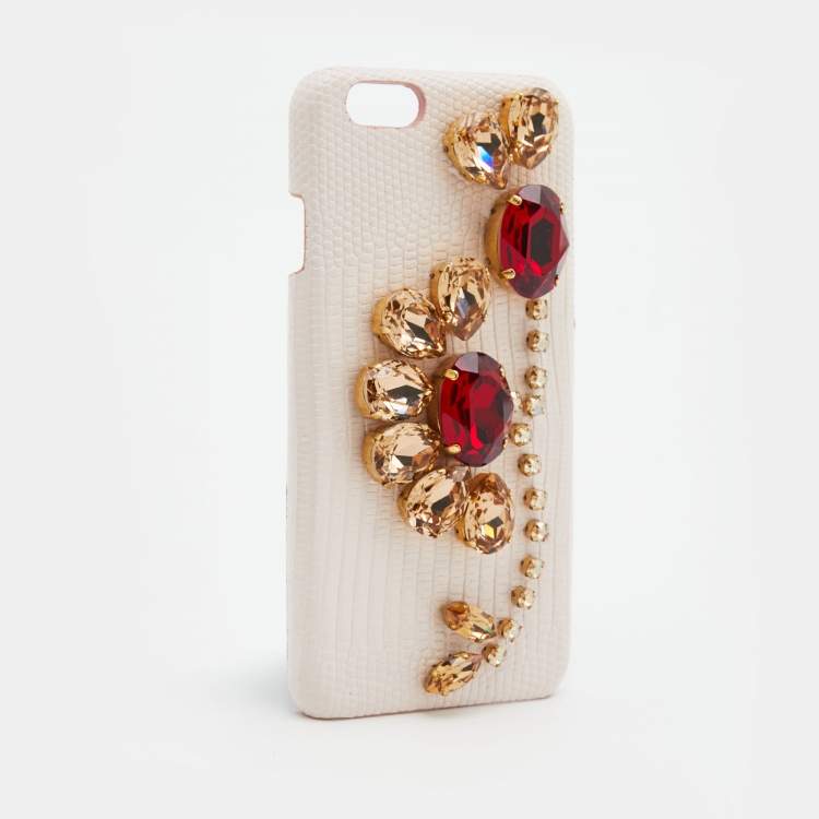 Pre Owned Dolce & Gabbana Pink Lizard Embossed Leather Crystal Embellished iPhone 6 Case