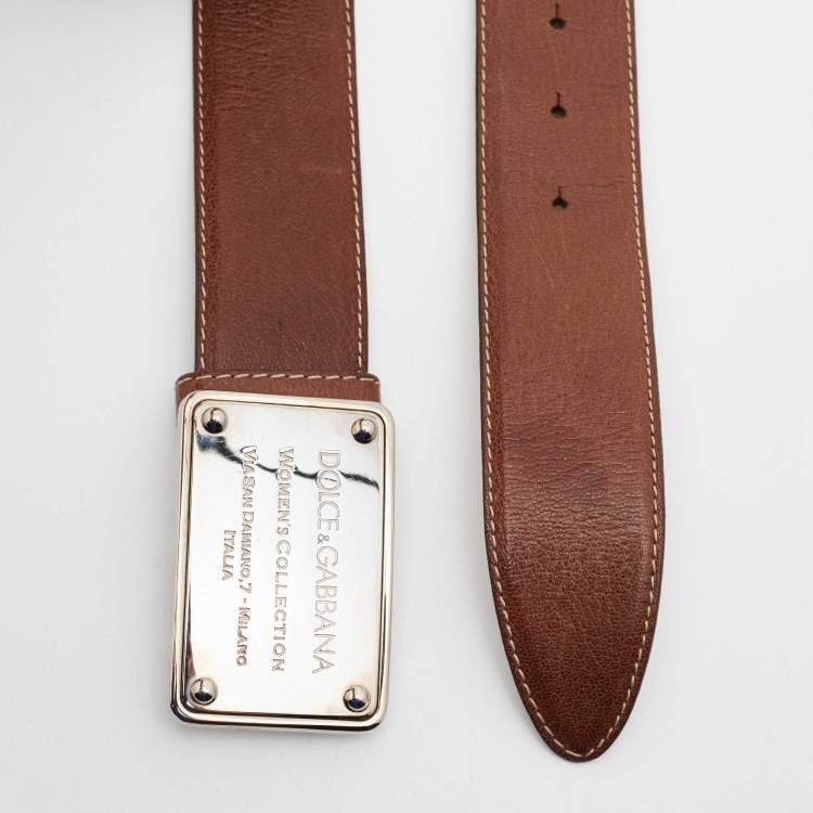 Pre Owned Dolce & Gabbana Brown Leather Logo Plaque Belt 95CM