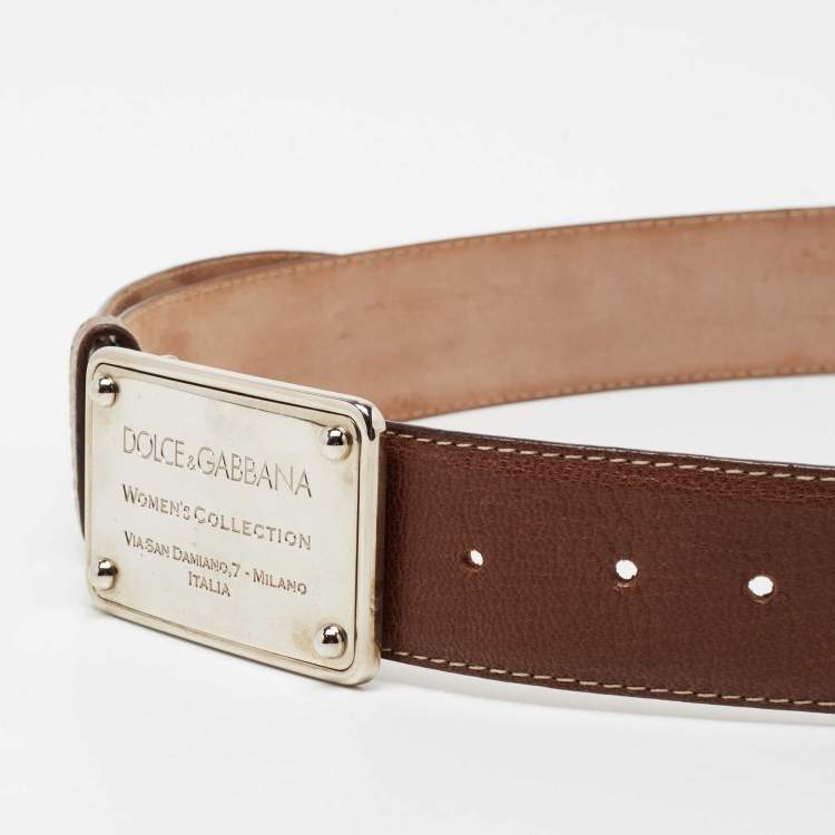Pre Owned Dolce & Gabbana Brown Leather Logo Plaque Belt 95CM