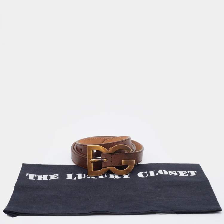 Pre Owned Dolce & Gabbana Brown Leather Slim DG Logo Belt 90CM