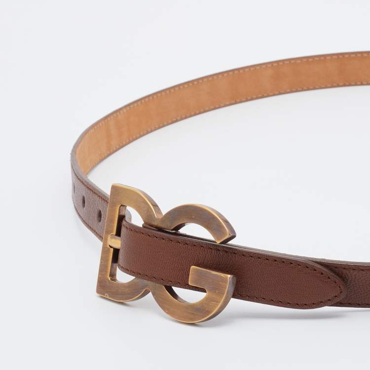 Pre Owned Dolce & Gabbana Brown Leather Slim DG Logo Belt 90CM