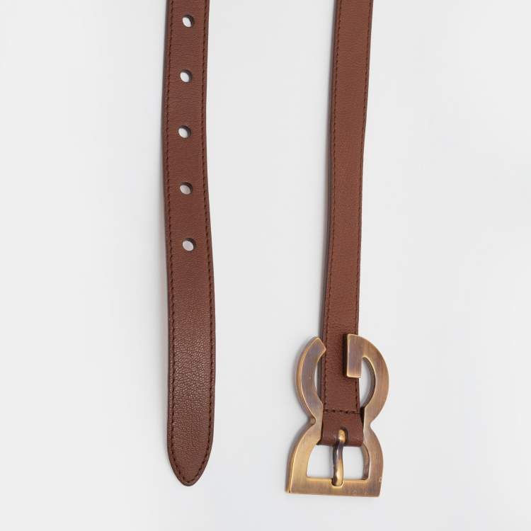 Pre Owned Dolce & Gabbana Brown Leather Slim DG Logo Belt 90CM