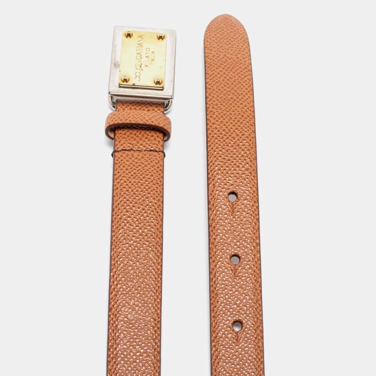 Pre Owned Dolce & Gabbana Brown Leather Logo Plaque Belt 75 CM