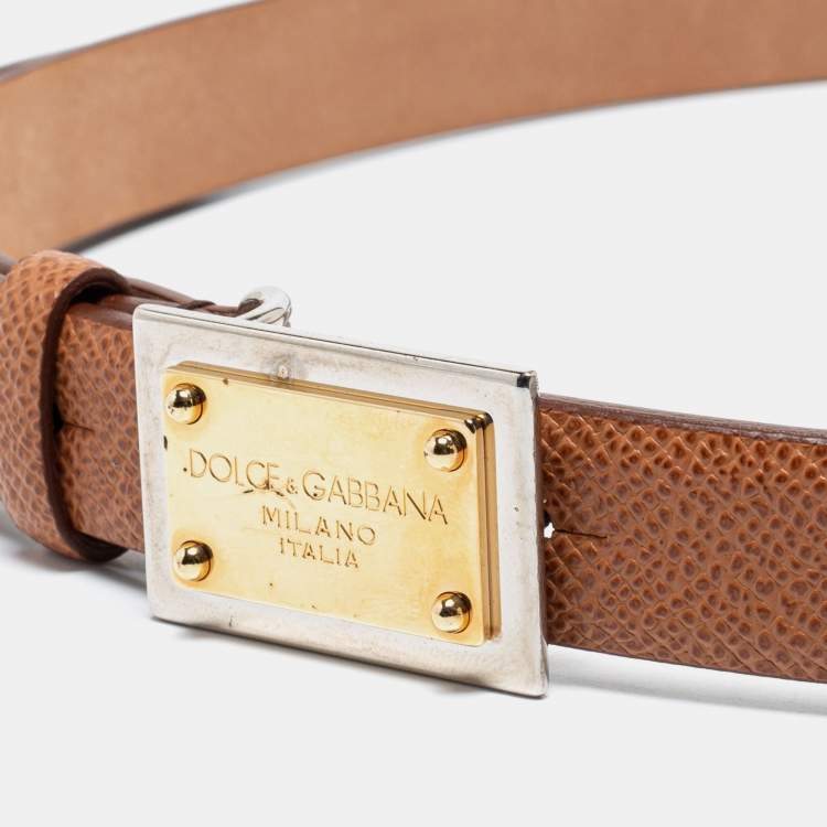 Pre Owned Dolce & Gabbana Brown Leather Logo Plaque Belt 75 CM