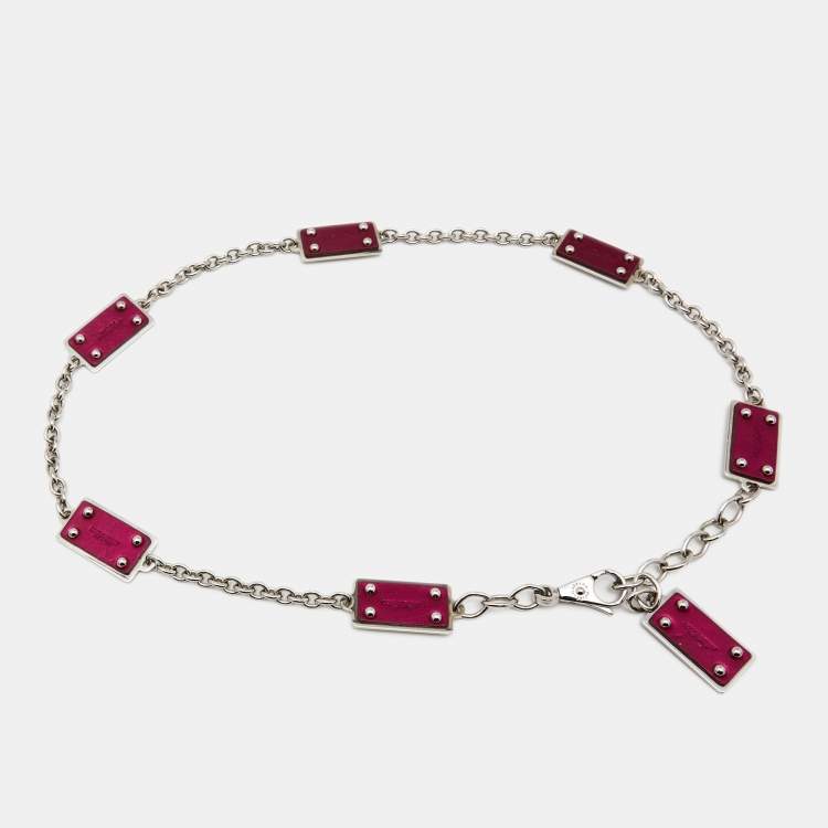 Pre Owned Dolce & Gabbana Pink/Silver Leather and Metal Logo Plaque Chain Belt 90CM