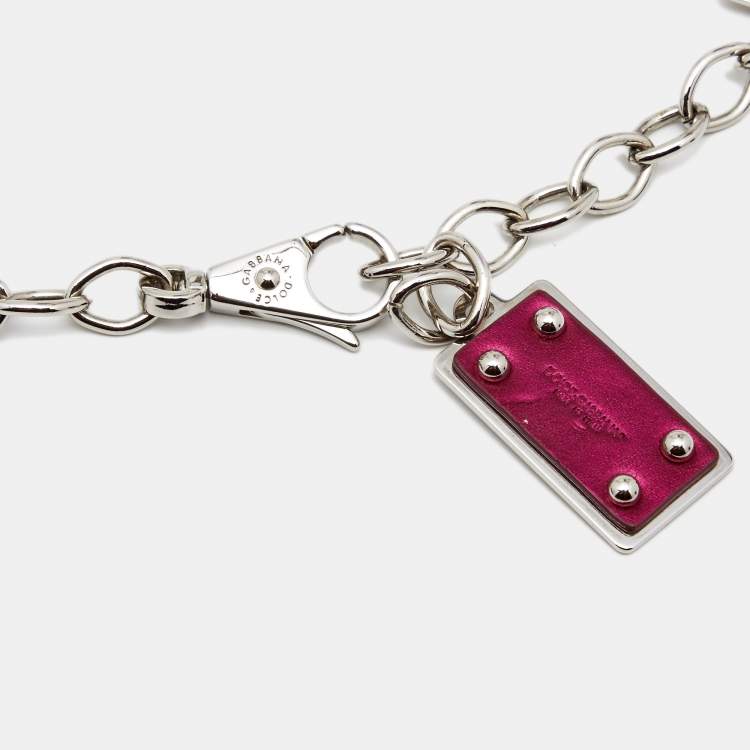 Pre Owned Dolce & Gabbana Pink/Silver Leather and Metal Logo Plaque Chain Belt 90CM