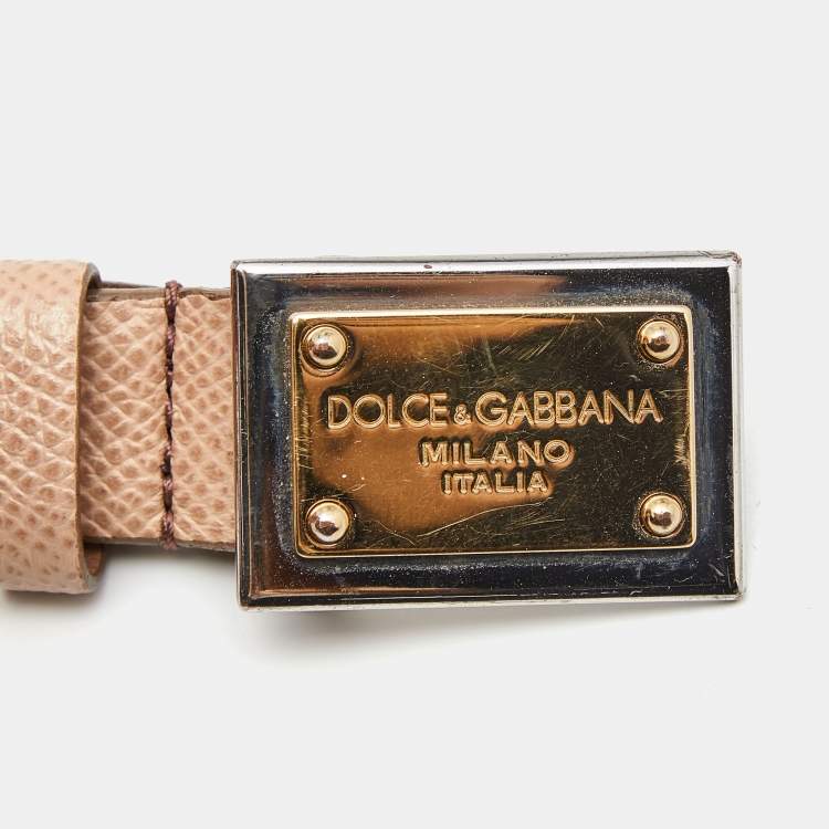 Pre Owned Dolce & Gabbana Beige Leather Logo Plaque Slim Belt 80 CM