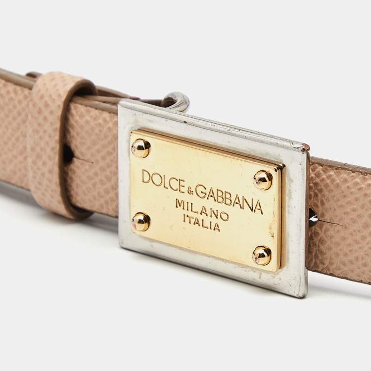 Pre Owned Dolce & Gabbana Beige Leather Logo Plaque Slim Belt 80 CM