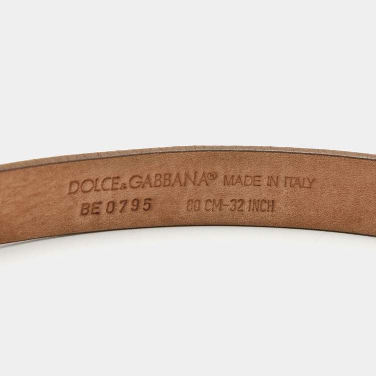 Pre Owned Dolce & Gabbana Beige Leather Logo Plaque Slim Belt 80 CM