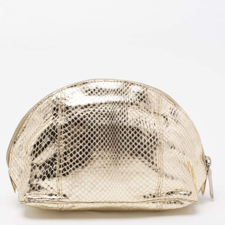 Pre Owned Dolce & Gabbana Metallic Gold Snakeskin Embossed Leather Cosmetic Pouch