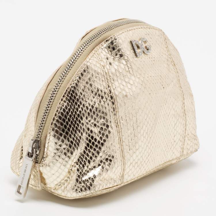 Pre Owned Dolce & Gabbana Metallic Gold Snakeskin Embossed Leather Cosmetic Pouch