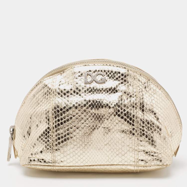 Pre Owned Dolce & Gabbana Metallic Gold Snakeskin Embossed Leather Cosmetic Pouch