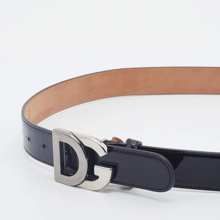 مملوكة مسبقًا Dolce & Gabbana Black Patent Leather Logo Buckle Belt 90CM