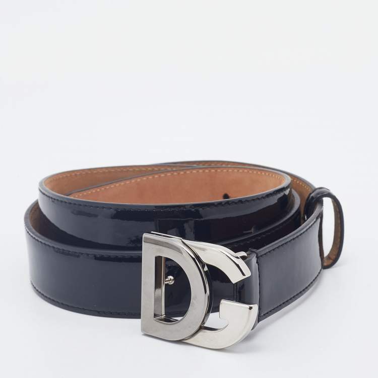 مملوكة مسبقًا Dolce & Gabbana Black Patent Leather Logo Buckle Belt 90CM