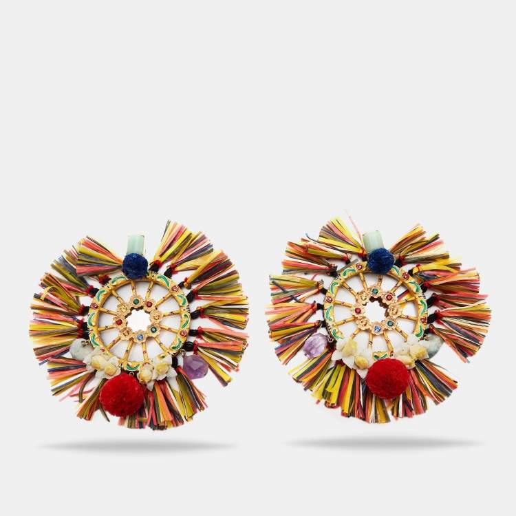 مملوكة مسبقًا Dolce & Gabbana Multicolor Pom Pom & Tassel Oversized Clip On Earrings