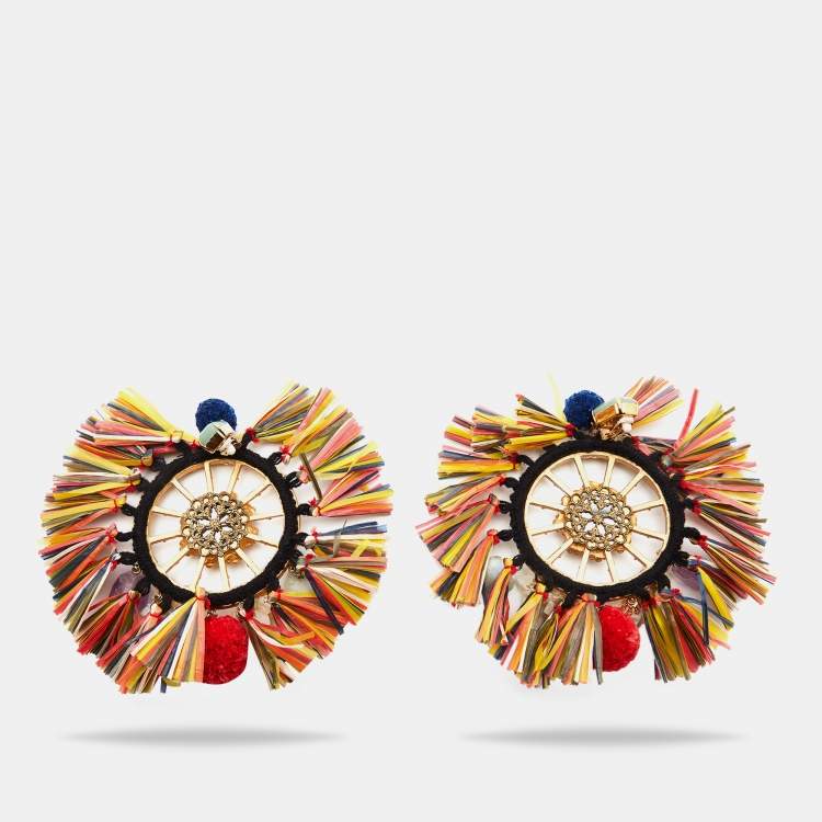 مملوكة مسبقًا Dolce & Gabbana Multicolor Pom Pom & Tassel Oversized Clip On Earrings