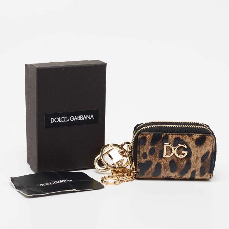 مملوكة مسبقًا Dolce & Gabbana Black Leopard Print Leather Logo Coin Purse Key-Ring 