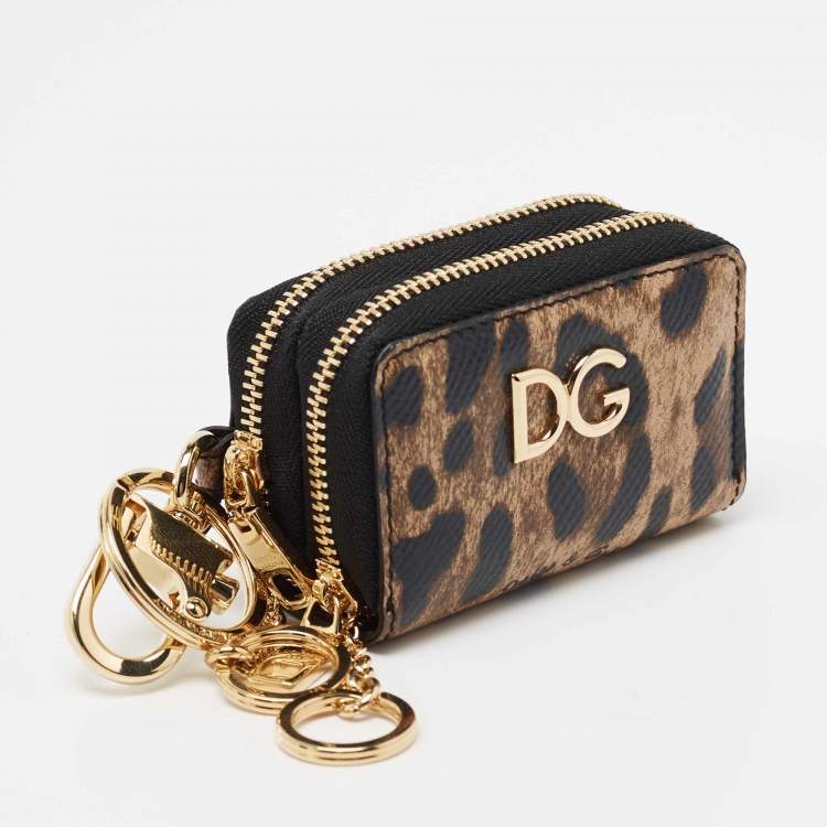 مملوكة مسبقًا Dolce & Gabbana Black Leopard Print Leather Logo Coin Purse Key-Ring 