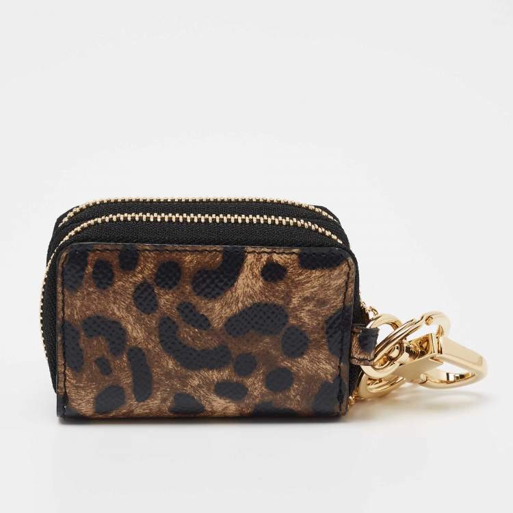 مملوكة مسبقًا Dolce & Gabbana Black Leopard Print Leather Logo Coin Purse Key-Ring 
